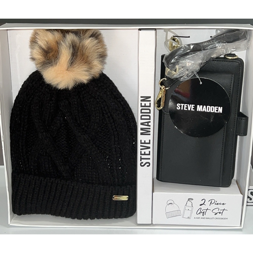 Steve Madden 2 Piece Gift Set~Black Pom‎ Beanie & Black Crossbody Purse~New~$88